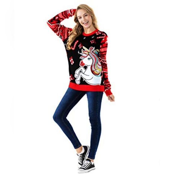 You Look Ugly Today Black Embroidered Unicorn Crew Neck Knit Christmas Sweater - Picture 13 of 14